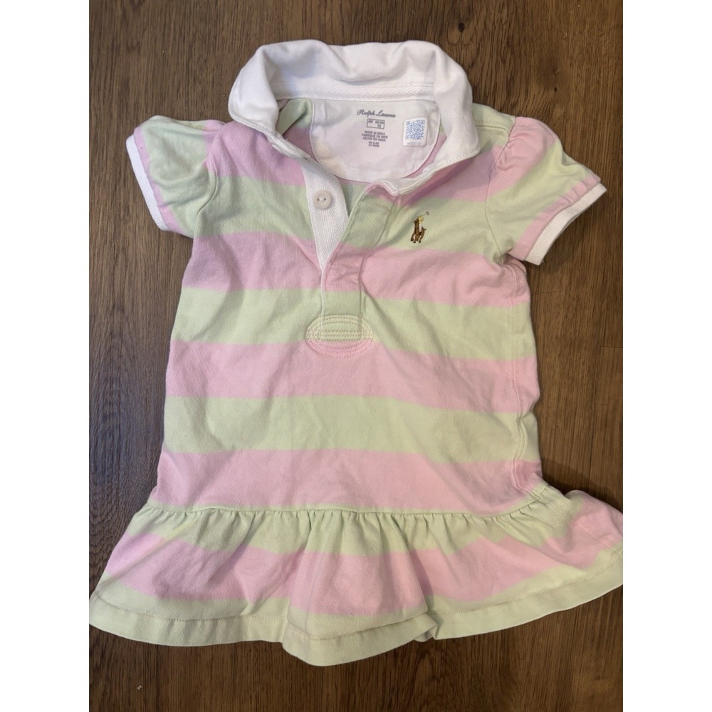 RALPH LAUREN Baby Girls Pink & Green Rugby Dress 6 Mo Preppy